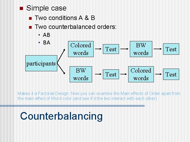 n Simple case n n Two conditions A & B Two counterbalanced orders: •