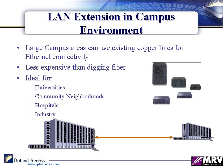 LAN Extension in Campus Environment • Large Campus areas can use existing copper lines