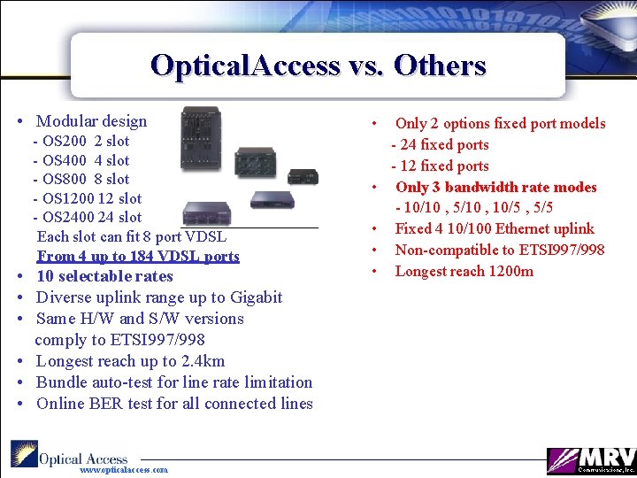 Optical. Access vs. Others • Modular design - OS 200 2 slot - OS
