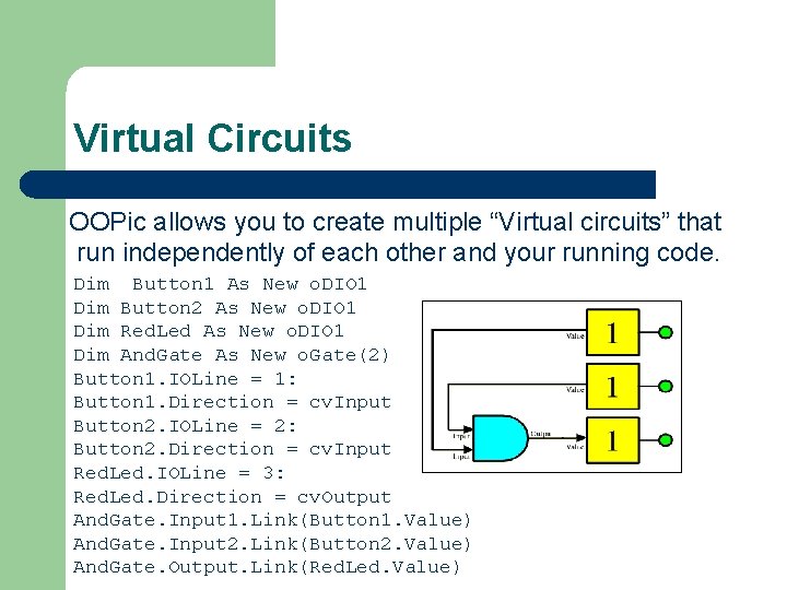 Virtual Circuits OOPic allows you to create multiple “Virtual circuits” that run independently of