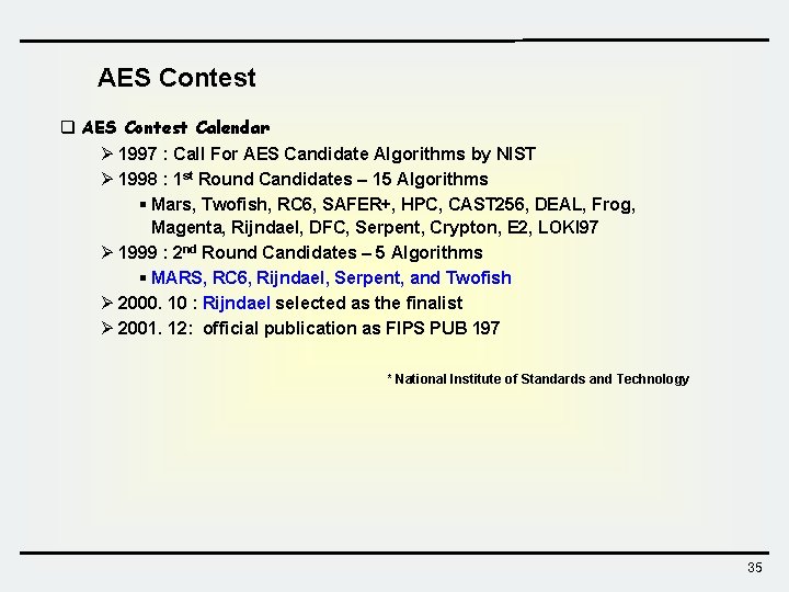 AES Contest q AES Contest Calendar Ø 1997 : Call For AES Candidate Algorithms AES Contest q AES Contest Calendar Ø 1997 : Call For AES Candidate Algorithms