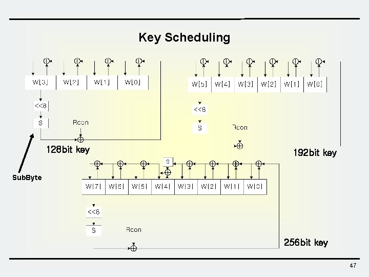 Key Scheduling 128 bit key 192 bit key Sub. Byte 256 bit key 47 Key Scheduling 128 bit key 192 bit key Sub. Byte 256 bit key 47