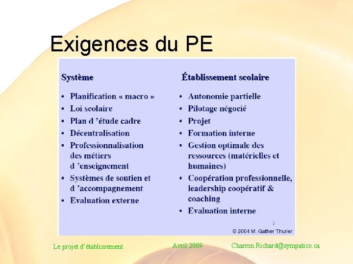 Exigences du PE Le projet d’établissement Avril 2009 Charron. Richard@sympatico. ca 