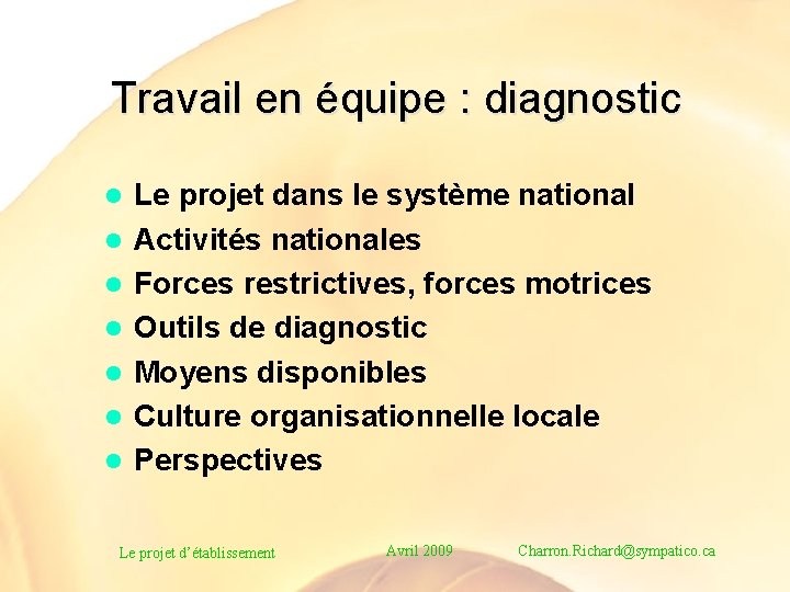 Travail en équipe : diagnostic l l l l Le projet dans le système