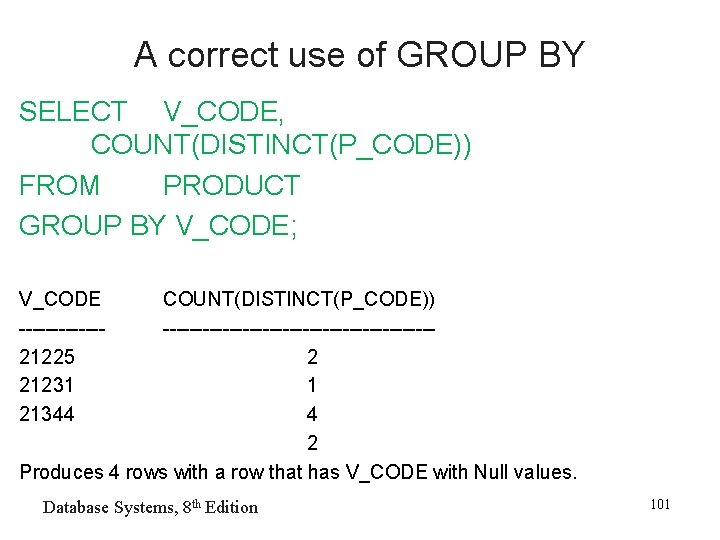 A correct use of GROUP BY SELECT V_CODE, COUNT(DISTINCT(P_CODE)) FROM PRODUCT GROUP BY V_CODE;