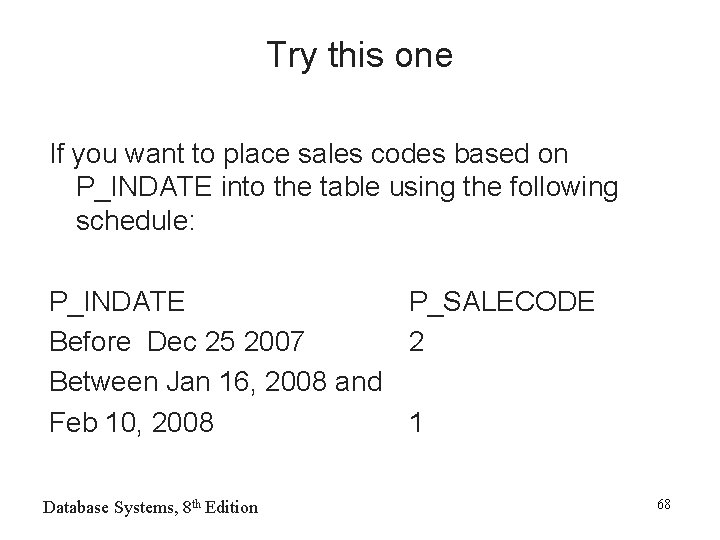 Try this one If you want to place sales codes based on P_INDATE into