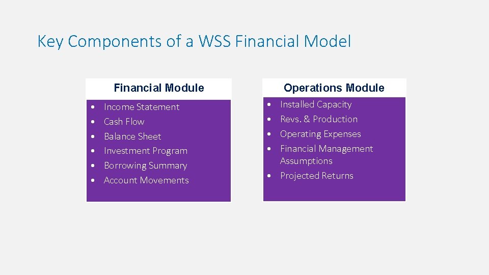 Key Components of a WSS Financial Model Financial Module • • • Income Statement