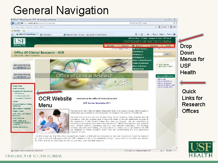 General Navigation Drop Down Menus for USF Health OCR Website Menu Quick Links for