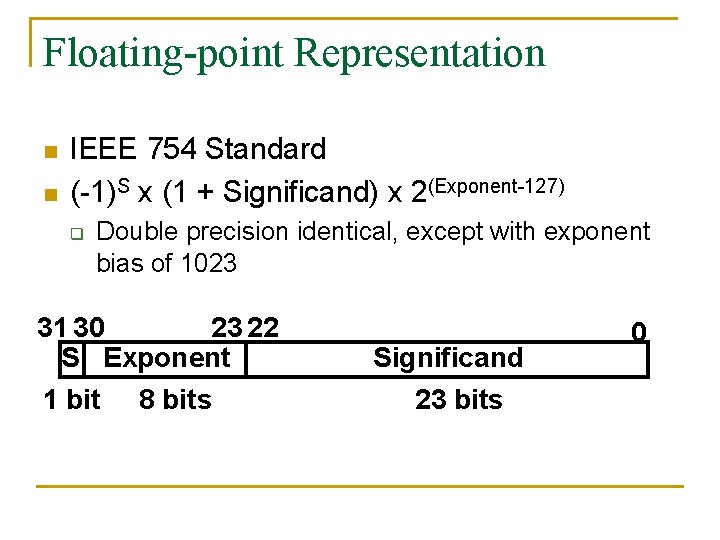 Floating-point Representation n n IEEE 754 Standard (-1)S x (1 + Significand) x 2(Exponent-127)