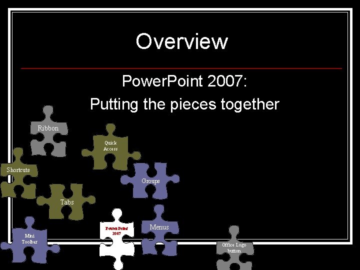 Overview Power. Point 2007: Putting the pieces together Ribbon Quick Access Shortcuts Groups Tabs