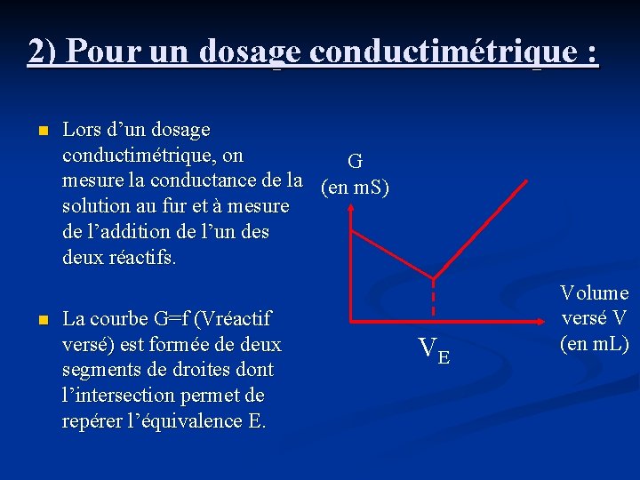 2) Pour un dosage conductimétrique : n n Lors d’un dosage conductimétrique, on G