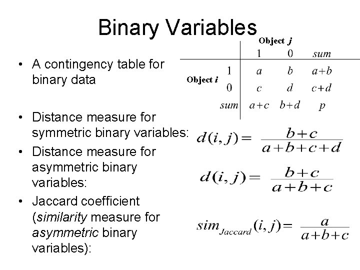 Binary Variables Object j • A contingency table for binary data Object i •