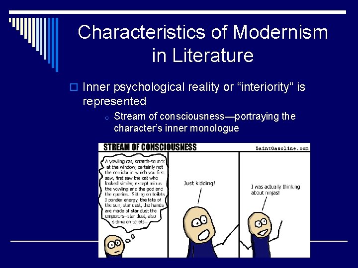 Characteristics of Modernism in Literature o Inner psychological reality or “interiority” is represented o