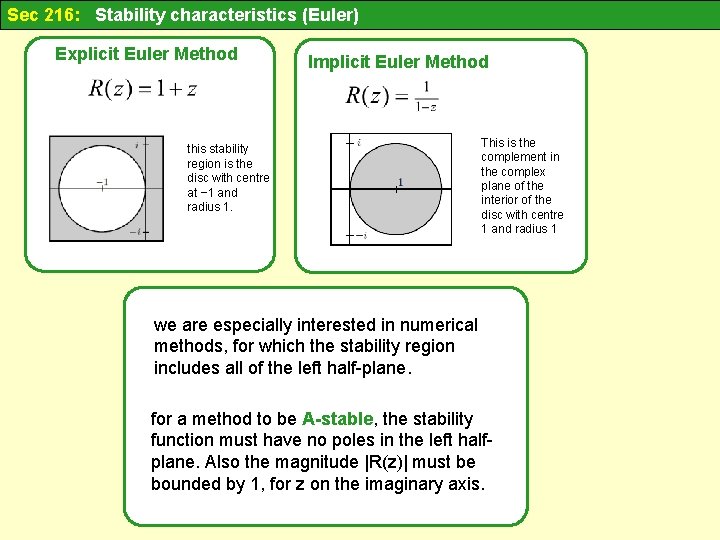 Sec 216: Stability characteristics (Euler) Explicit Euler Method Implicit Euler Method this stability region