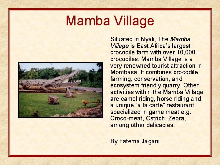 Mamba Village Situated in Nyali, The Mamba Village is East Africa’s largest crocodile farm