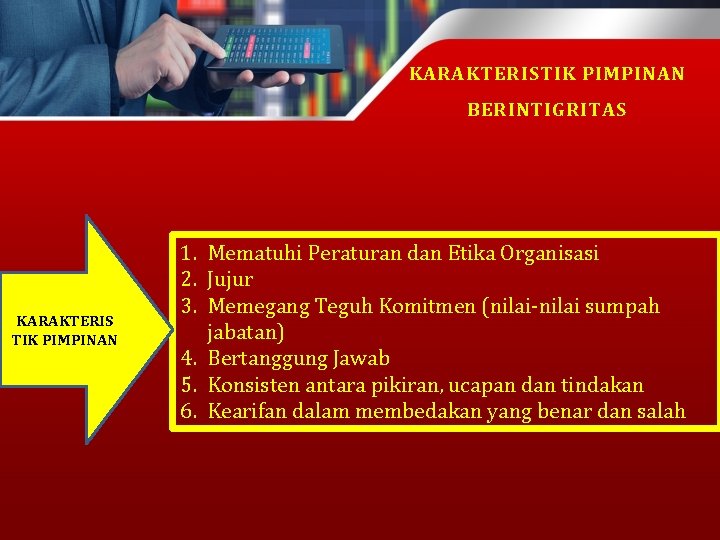 KARAKTERISTIK PIMPINAN BERINTIGRITAS KARAKTERIS TIK PIMPINAN 1. Mematuhi Peraturan dan Etika Organisasi 2. Jujur