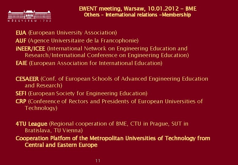 EWENT meeting, Warsaw, 10. 01. 2012 - BME Others – International relations -Membership EUA