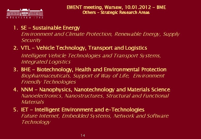 EWENT meeting, Warsaw, 10. 01. 2012 - BME Others – Strategic Research Areas 1.