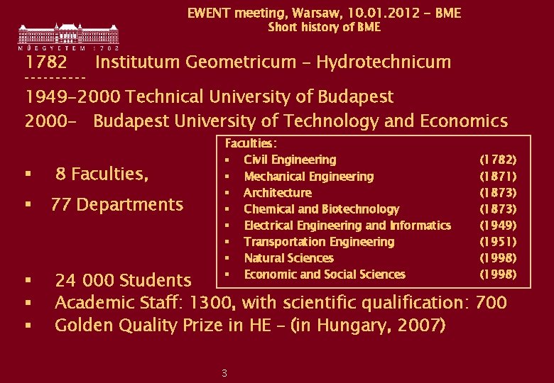 EWENT meeting, Warsaw, 10. 01. 2012 - BME Short history of BME 1782 -----