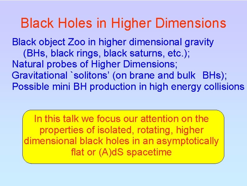 Black Holes in Higher Dimensions Black object Zoo in higher dimensional gravity (BHs, black