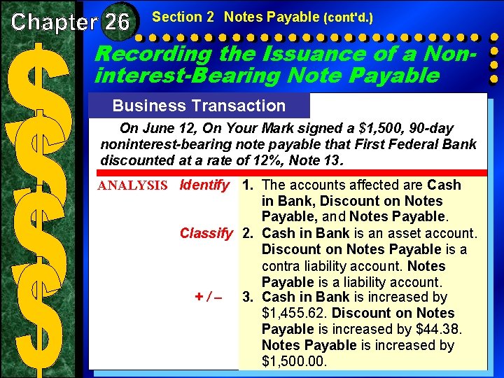 Section 2 Notes Payable (cont'd. ) Recording the Issuance of a Noninterest-Bearing Note Payable