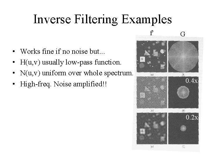Inverse Filtering Examples f' • • Works fine if no noise but. . .