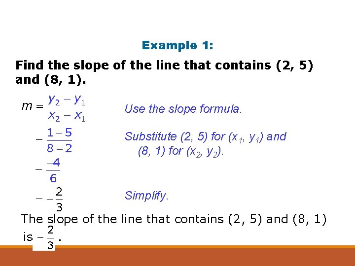 Example 1: Find the slope of the line that contains (2, 5) and (8,