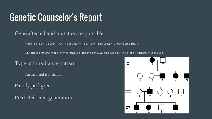 Genetic Counselor's Report Gene affected and mutation responsible PTPN 11 (50%), SOS 1 (10%-15%),