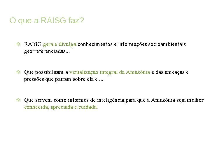 O que a RAISG faz? RAISG gera e divulga conhecimentos e informações socioambientais georreferenciadas.