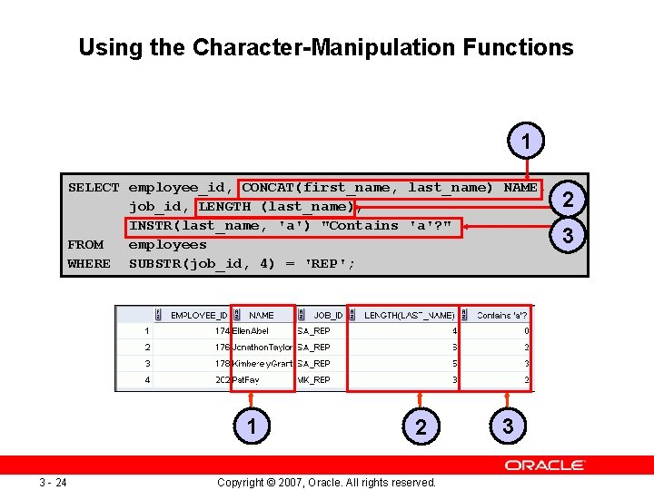 Using the Character-Manipulation Functions 1 SELECT employee_id, CONCAT(first_name, last_name) NAME, job_id, LENGTH (last_name), INSTR(last_name, Using the Character-Manipulation Functions 1 SELECT employee_id, CONCAT(first_name, last_name) NAME, job_id, LENGTH (last_name), INSTR(last_name,
