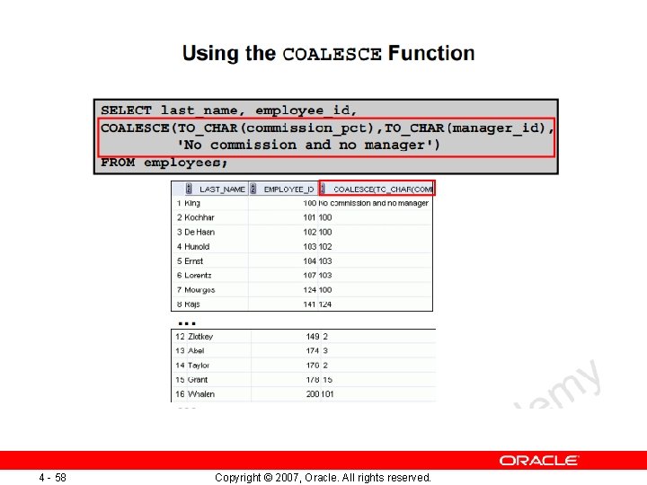 4 - 58 Copyright © 2007, Oracle. All rights reserved. 4 - 58 Copyright © 2007, Oracle. All rights reserved.