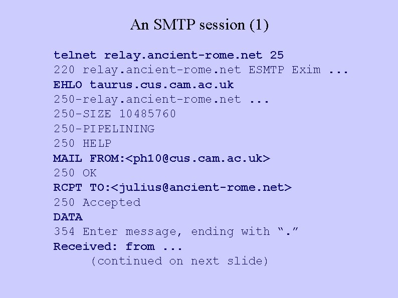 An SMTP session (1) telnet relay. ancient-rome. net 25 220 relay. ancient-rome. net ESMTP