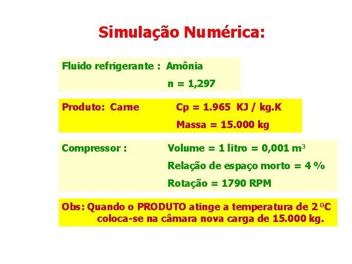 Simulação Numérica: Fluido refrigerante : Amônia n = 1, 297 Produto: Carne Cp =