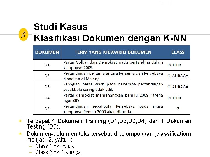 Ch. 13 Studi Kasus Klasifikasi Dokumen dengan K-NN ◉ Terdapat 4 Dokumen Training (D