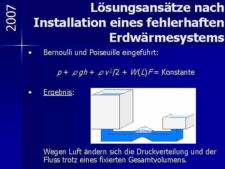 2007 Lösungsansätze nach Installation eines fehlerhaften Erdwärmesystems • Bernoulli und Poiseuille eingeführt: p +