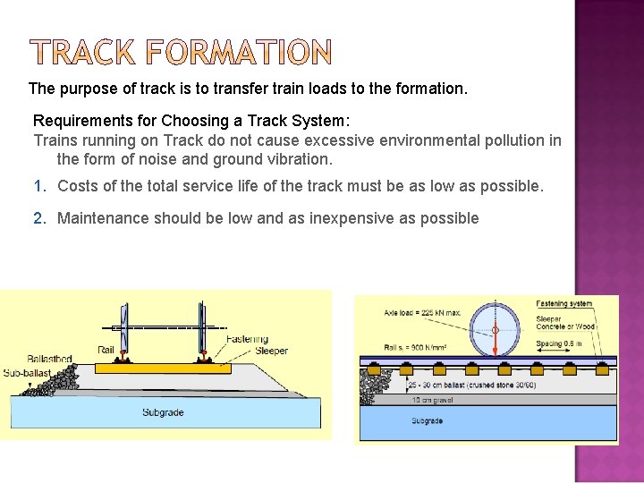 The purpose of track is to transfer train loads to the formation. Requirements for