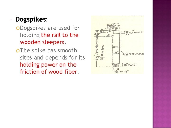  Dogspikes: Dogspikes are used for holding the rail to the wooden sleepers. The