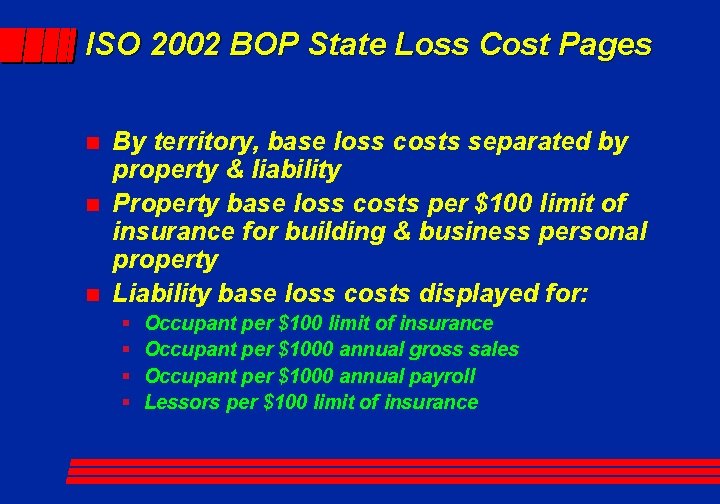 ISO 2002 BOP State Loss Cost Pages n n n By territory, base loss