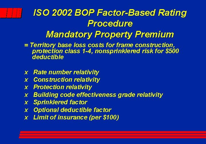 ISO 2002 BOP Factor-Based Rating Procedure Mandatory Property Premium = Territory base loss costs