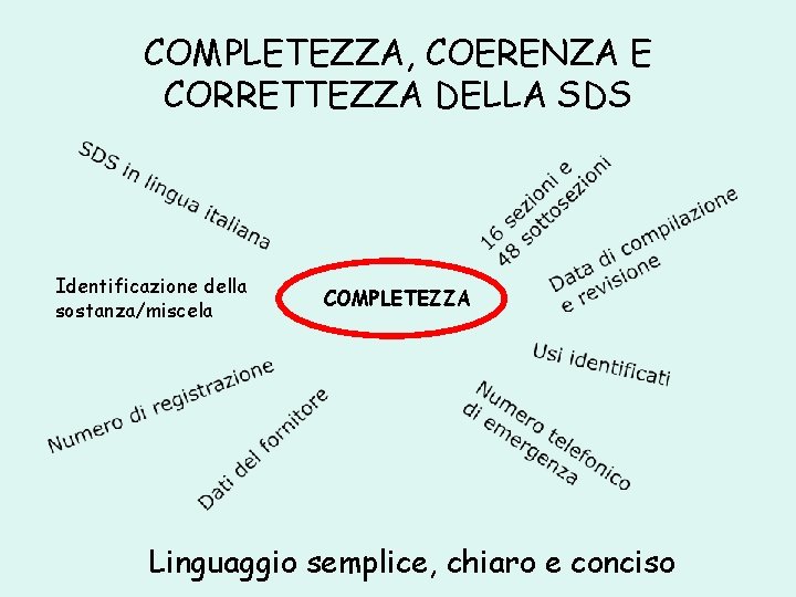 COMPLETEZZA, COERENZA E CORRETTEZZA DELLA SDS Identificazione della sostanza/miscela COMPLETEZZA Linguaggio semplice, chiaro e