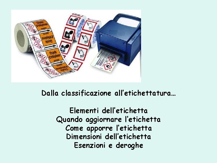 Dalla classificazione all’etichettatura… Elementi dell’etichetta Quando aggiornare l’etichetta Come apporre l’etichetta Dimensioni dell’etichetta Esenzioni