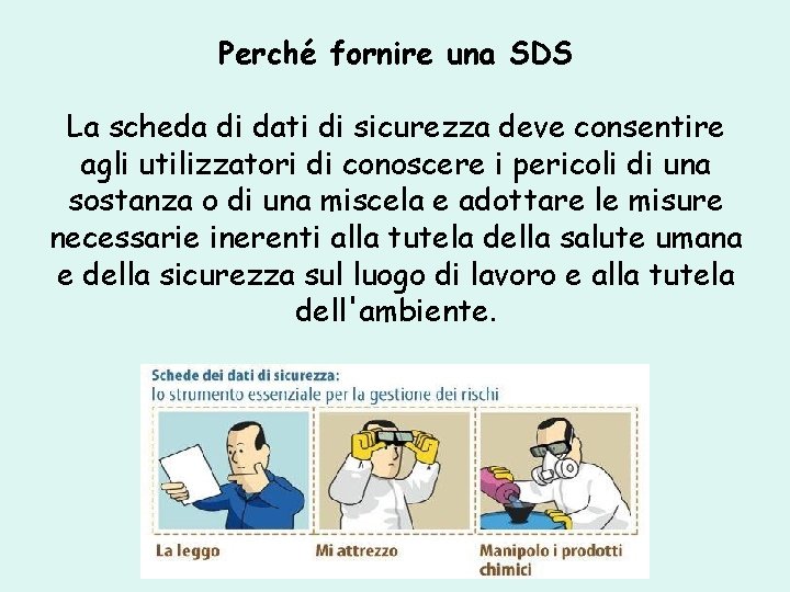 Perché fornire una SDS La scheda di dati di sicurezza deve consentire agli utilizzatori