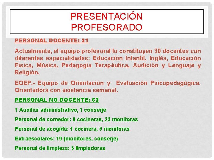 PRESENTACIÓN PROFESORADO PERSONAL DOCENTE: 31 Actualmente, el equipo profesoral lo constituyen 30 docentes con PRESENTACIÓN PROFESORADO PERSONAL DOCENTE: 31 Actualmente, el equipo profesoral lo constituyen 30 docentes con