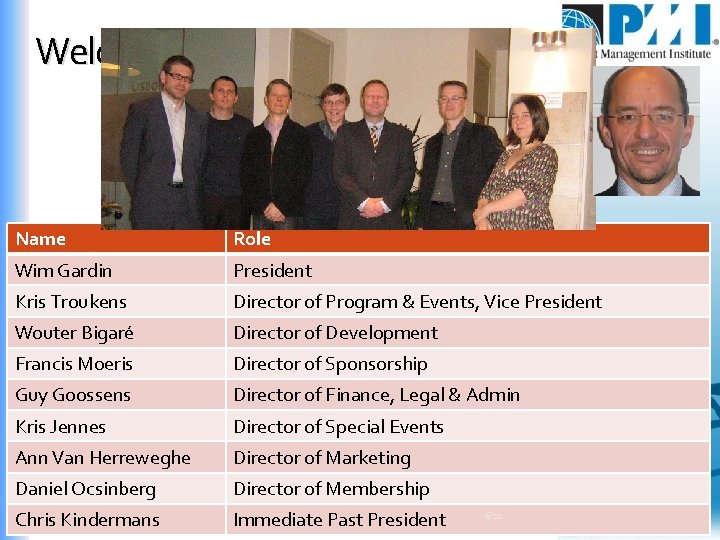 Wim Gardin, President Welcome Board 2010 -2011 Name Role Wim Gardin President Kris Troukens