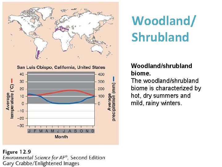 Woodland/ Shrubland Woodland/shrubland biome. The woodland/shrubland biome is characterized by hot, dry summers and