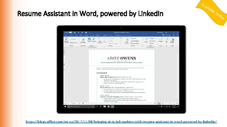 Av a Resume Assistant in Word, powered by Linked. In ila ble To da