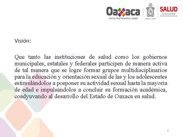 Visión: Que tanto las instituciones de salud como los gobiernos municipales, estatales y federales