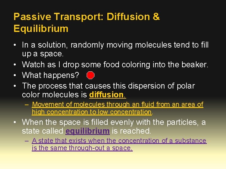 Passive Transport: Diffusion & Equilibrium • In a solution, randomly moving molecules tend to