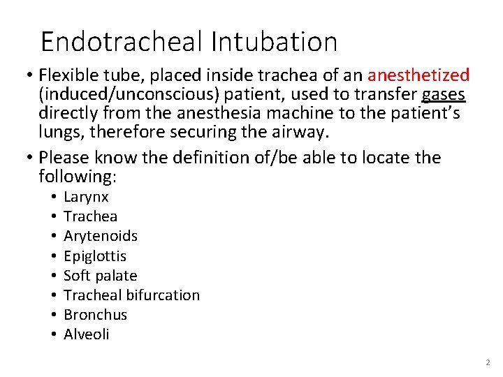 Endotracheal Intubation • Flexible tube, placed inside trachea of an anesthetized (induced/unconscious) patient, used