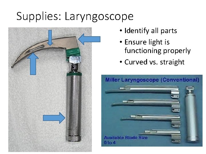 Supplies: Laryngoscope • Identify all parts • Ensure light is functioning properly • Curved